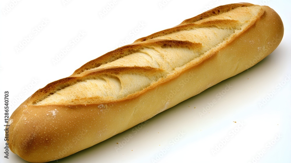 Freshly Baked Baguette with Crispy Crust and Texture Isolated on White Background Freshly Baked Baguette with Crispy Crust and Texture Isolated on White Background