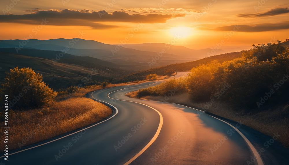 Fototapeta premium Photo Winding Road Sunset Landscape Mountains Nature Scenic Travel Journey Destination