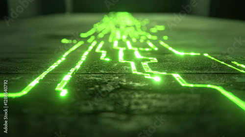 Neon green circuits pulsate under aged cement floor