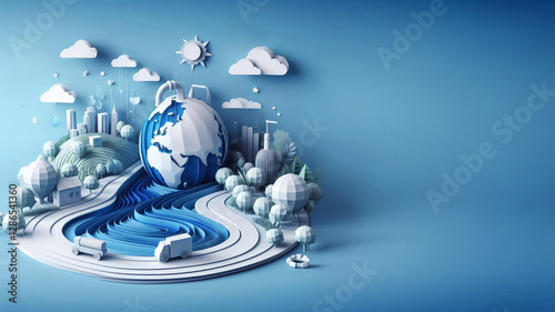 Sustainable Development of a 3D Paper Art Vision of a Healthy Planet, Earth Water day, Copy Space 