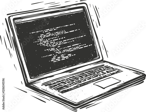 Illustration of a laptop with code displayed on the screen.