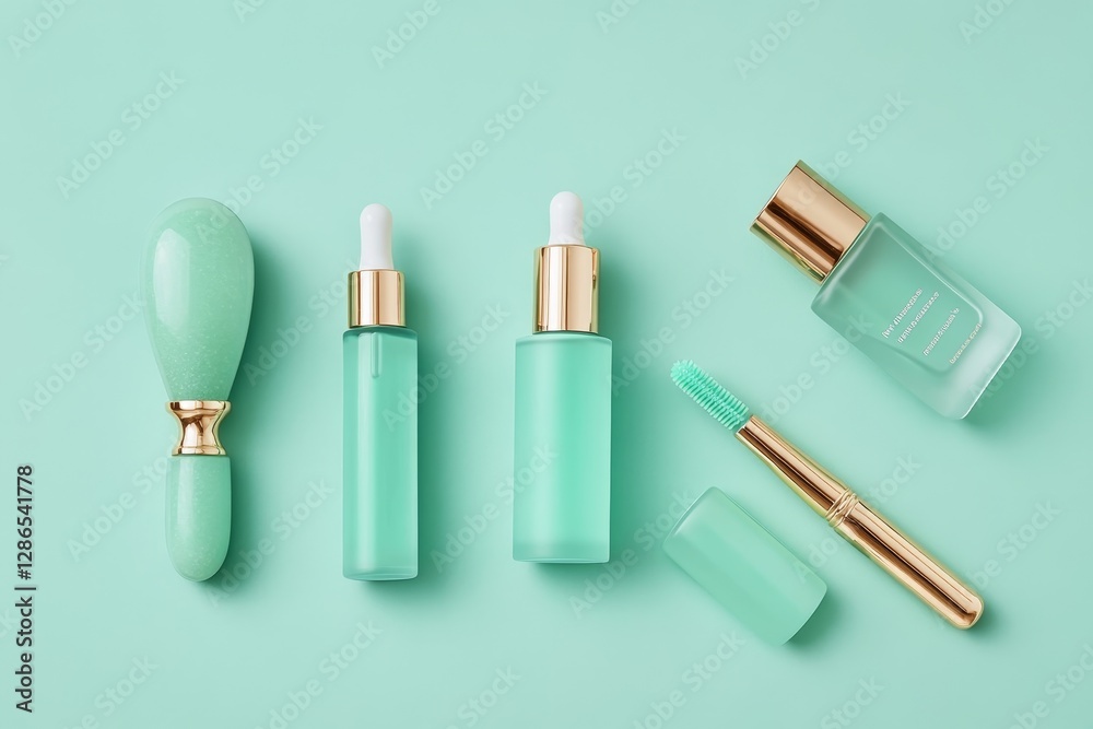 Obraz premium Stylish Cosmetic Bottles and Tools on Mint Background for Beauty