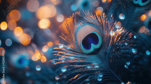 Peacock feather with blue eye and orange bokeh. Natural beauty concept