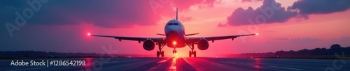 Soft pink and orange lights illuminate the plane's landing gear, aircraft, sunlit runway,