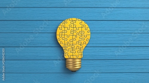 Solving a Puzzle with a Glowing Idea, Puzzle light bulb on a blue wooden surface.