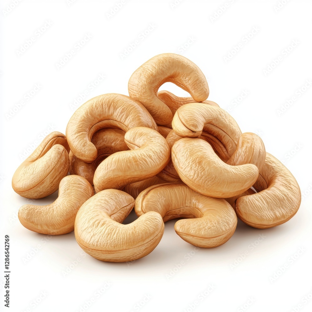 Pile of cashew nuts with a curved shape isolated on white background Pile of cashew nuts with a curved shape isolated on white background