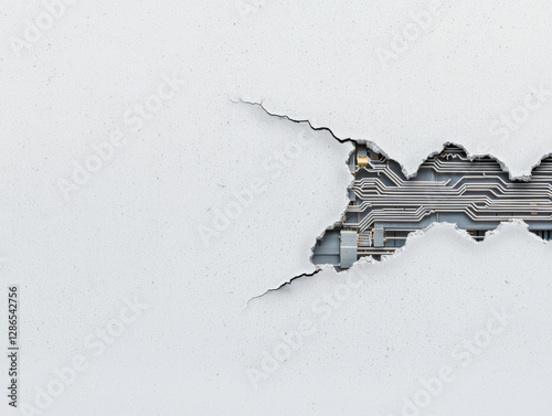 Cracked cement wall revealing hidden circuitry beneath