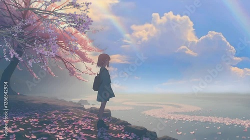 Wallpaper Mural Girl Under Cherry Blossoms with Rainbow and Clouds. Suitable for J-pop, anime soundtrack, or uplifting music. Seamless looping time lapse animation video background, lo-fi art. Torontodigital.ca