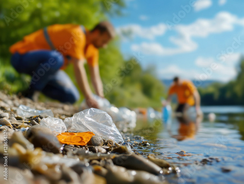 Volunteers collecting plastic waste by river on sunny day