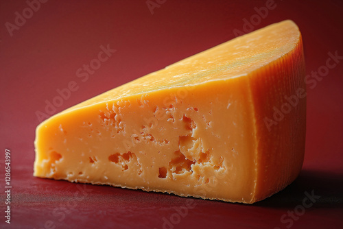 Piece of mimolette cheese resting on red surface