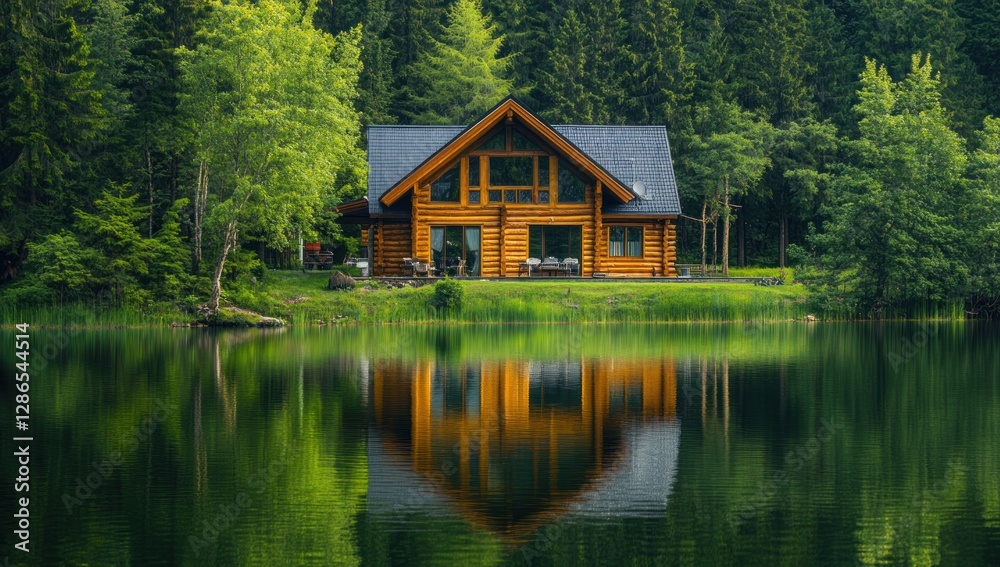 Dream Lake House Reflection in Lush Forest Dream Lake House Reflection in Lush Forest