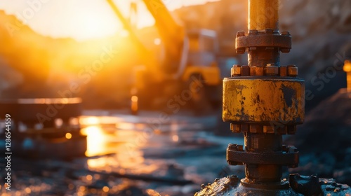 Industrial machinery working at sunset, highlighting pipes and equipment in a construction site photo