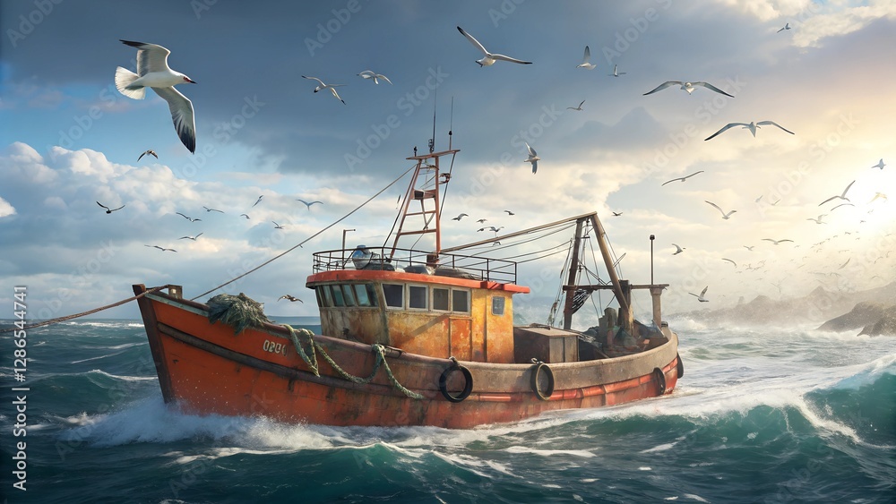Obraz premium Seafaring Harvest: A robust fishing boat battles the tempestuous sea, seagulls circling overhead in a dramatic display of maritime life.