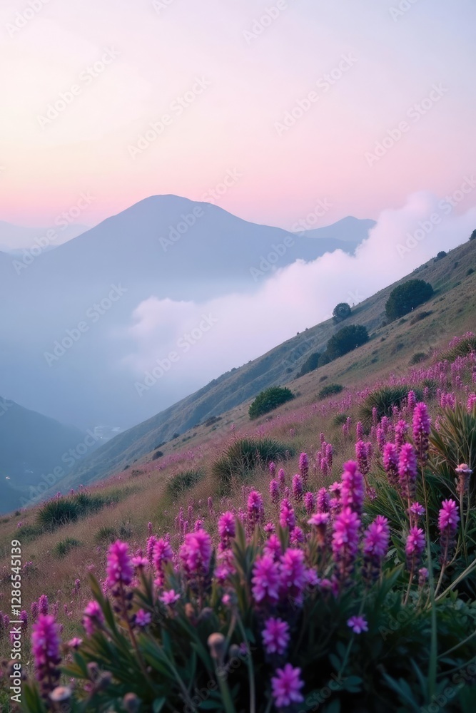 Soft pink fog creeping up a hillside amidst purple wildflowers, wildflowers, serene, fog Soft pink fog creeping up a hillside amidst purple wildflowers, wildflowers, serene, fog