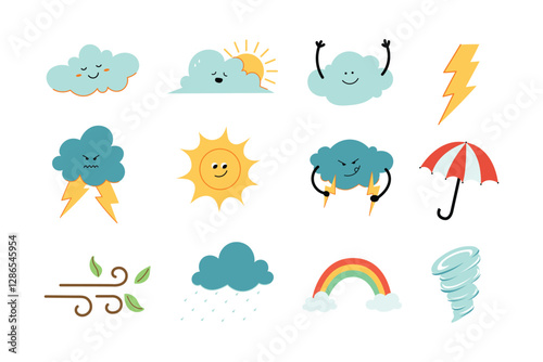 Cute weather characters set vector illustration. Cartoon meteorology, nature kawaii concept