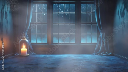 seamless looping 4k time-lapse virtual video animation background of a dimly lit cozy room with a large window, rainy night ambiance, flickering candle, misty air, and peaceful atmosphere