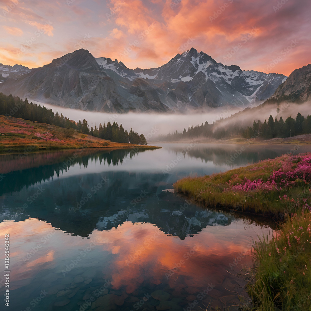 Obraz premium Majestic Mountain Sunrise Over a Misty Lake
