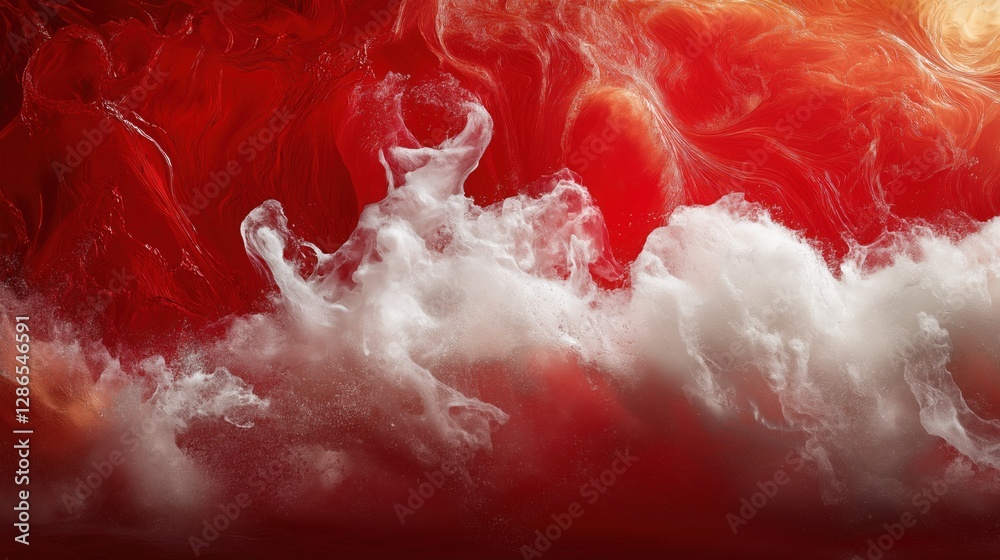 Obraz premium Vibrant red liquid with dynamic white foam and swirling abstract textures