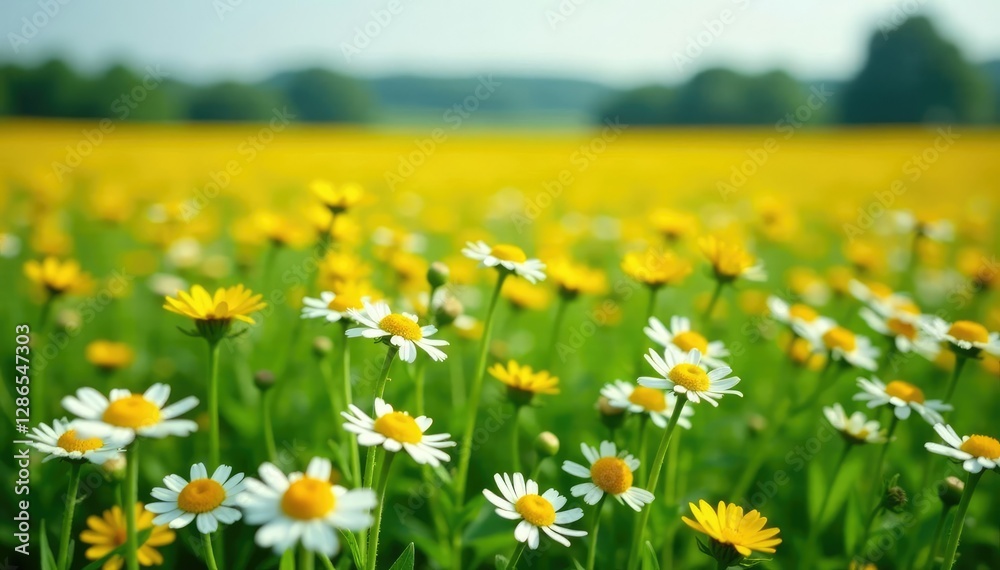 Obraz premium A colorful carpet of white and yellow flowers covers the green meadow, meadow flowers, sunflower field