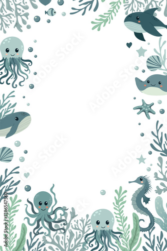 Vector rectangle frame with marine animals and boats in flat design. Template with whale, octopus, seahorse, stingray. Border with underwater sea animals. Marine life.
