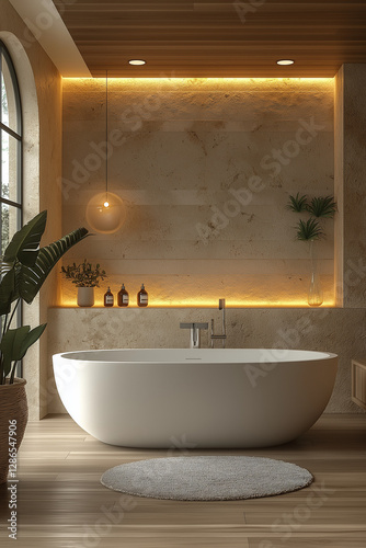 Photographie immobilière d’une salle de bain moderne spacieuse avec des murs en pierre naturelle, un éclairage encastré et une esthétique minimaliste. HDR, 3D, design, tendance, architecte