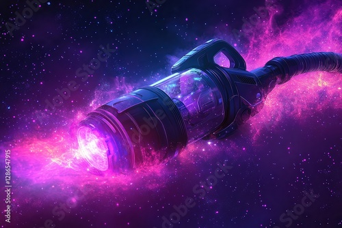  Stylized vacuum cleaner with magical aura swirling around, glowing purple particles and stars, suggesting power-up or special item in fantasy-themed game.