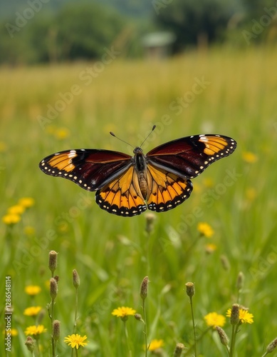 Enlarged Colorful butterfly gracefully flying over a meadow with yellow wildflowers