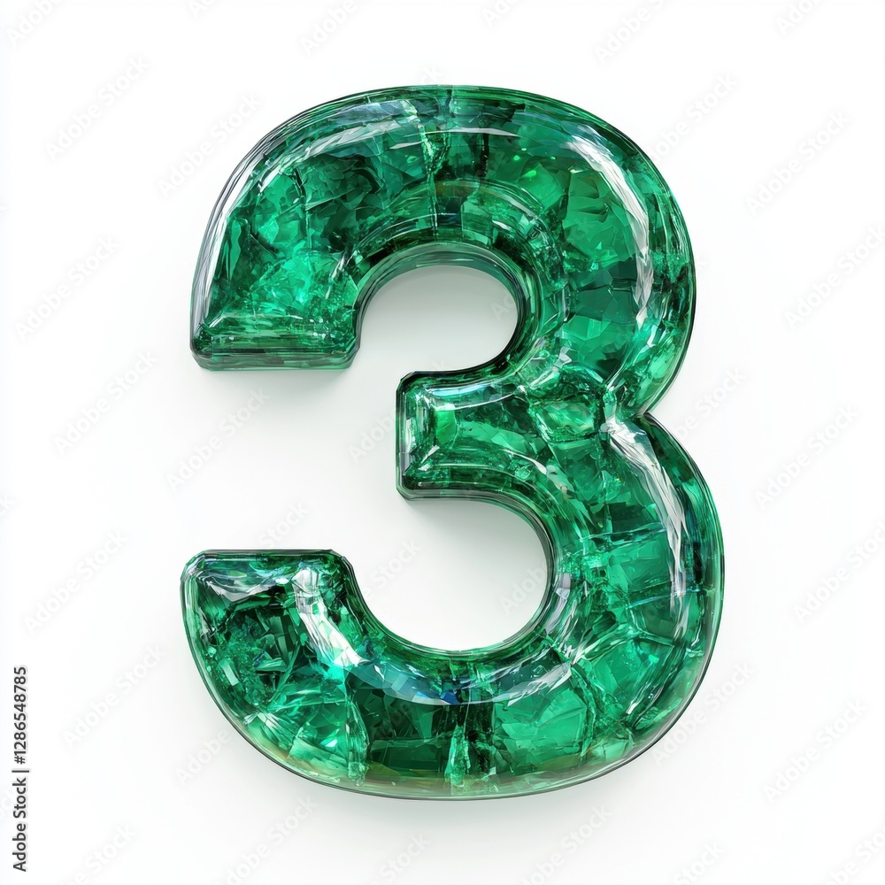 Of the number 3 made of polished emerald with deep green hues and translucent reflections forming natural gemstone textures, isolated on a clean white background Of the number 3 made of polished emerald with deep green hues and translucent reflections forming natural gemstone textures, isolated on a clean white background