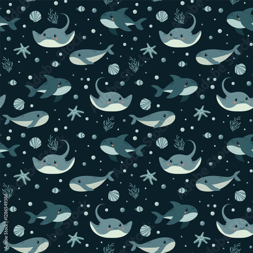 Cute children background with stingray, whale ,shark, fish and corals . Under the sea seamless pattern, water animal character, ocean fauna. Flat vector design. Underwater. textile. fabric
