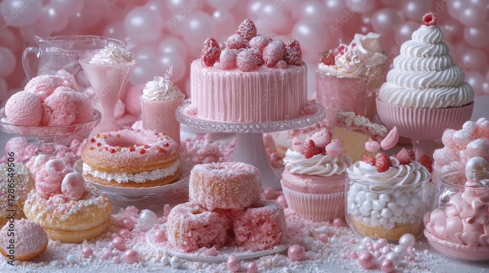 Pink Dessert Display with Cake, Cupcakes, and Donuts in a Festive Setting Pink Dessert Display with Cake, Cupcakes, and Donuts in a Festive Setting
