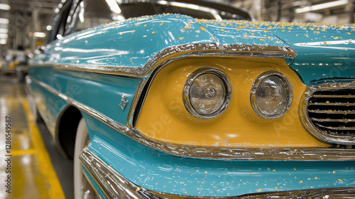 close up view of newly painted blue and yellow vintage car in garage, showcasing its shiny details and craftsmanship
