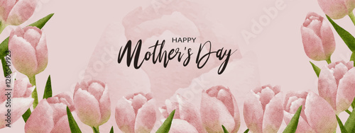 Mother's day greeting card with Pink Tulips watercolour border on white background,Vector illustration horizontal backdrop of cute blooming Spring flora frame,Flat design banner of Beautiful botanical
