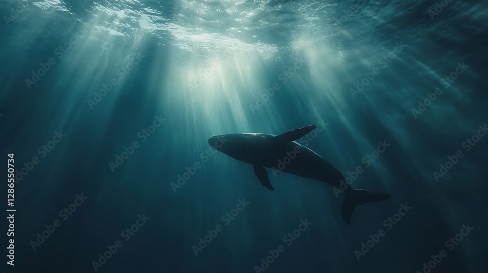 Naklejka premium Breathtaking whale underwater with sunlit water surface high resolution picture