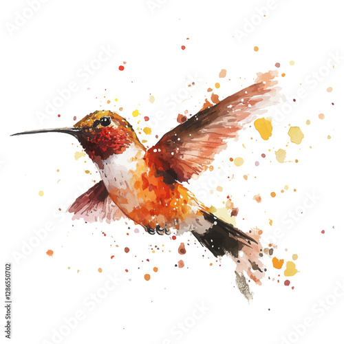 Vibrant watercolor illustration of a hummingbird in flight with dynamic paint splashes