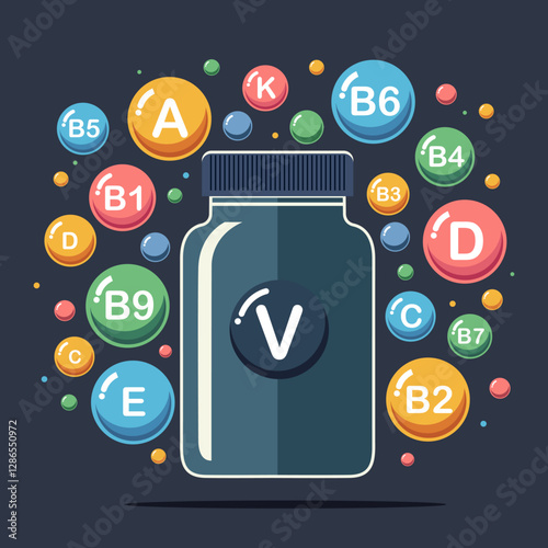 A jar of vitamins in tablets or capsules. Set of multi vitamin complex icons. Multivitamin supplement. Vitamin A, B group B1, B2, B6, B12, C, D, E, K. Vector flat illustration