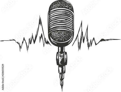 Vintage microphone illustration with soundwave design on white background.