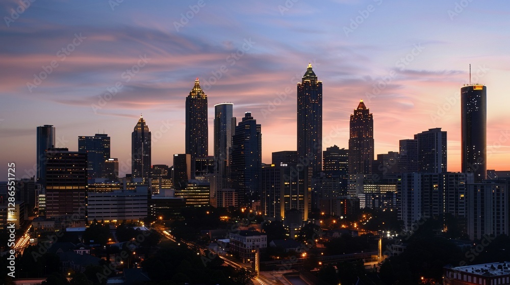 Naklejka premium Cityscape twilight skyline, urban sunset, Georgia