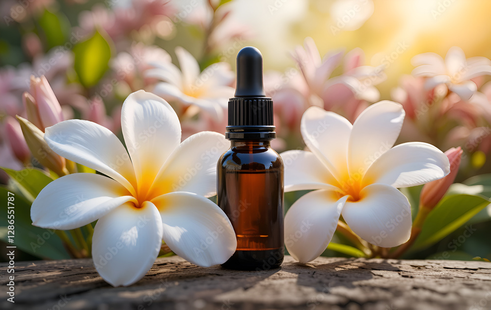 frangipani (plumeria) essential oil bottle against blossoming garden with beautiful flowers. Ai generated
