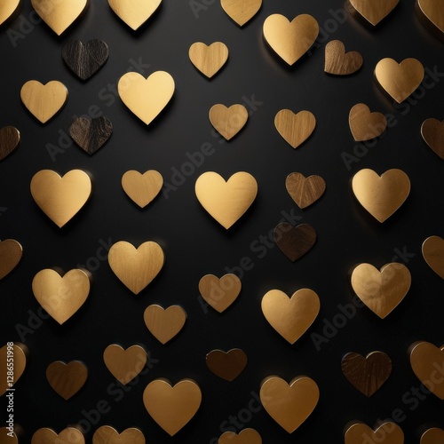 Luxurious minimalist design with golden hearts on black matte background