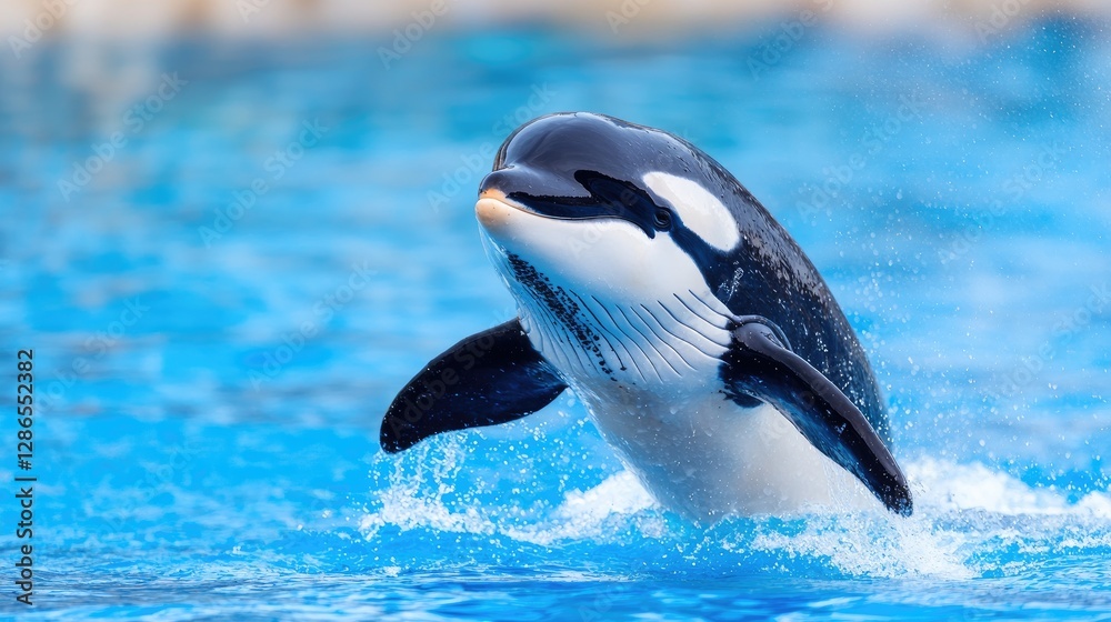 Fototapeta premium Orca leaping, aquatic park, blue water, playful, wildlife stock photo