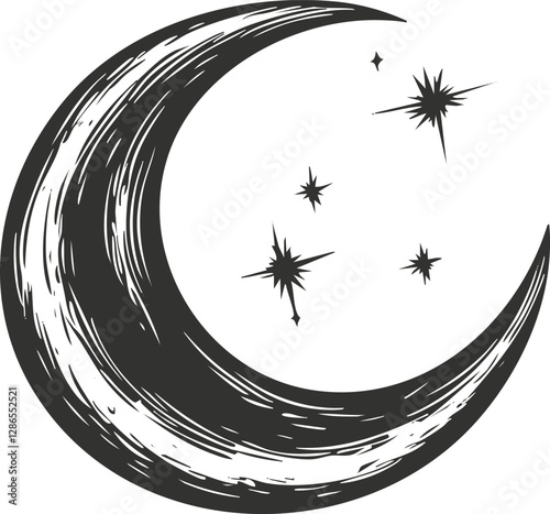 Black and white crescent moon with stars illustration on white background.