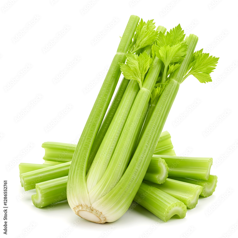 Celery stalks with leaves, showcasing their green hue and crisp texture against a white background with a subtle shadow Celery stalks with leaves, showcasing their green hue and crisp texture against a white background with a subtle shadow