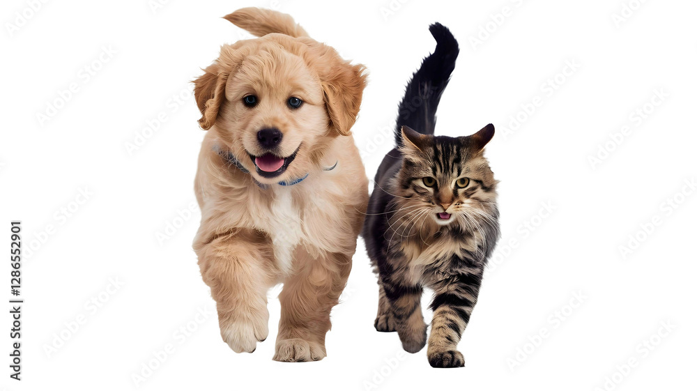 Transparent Background of Cat and Dog Walking Together