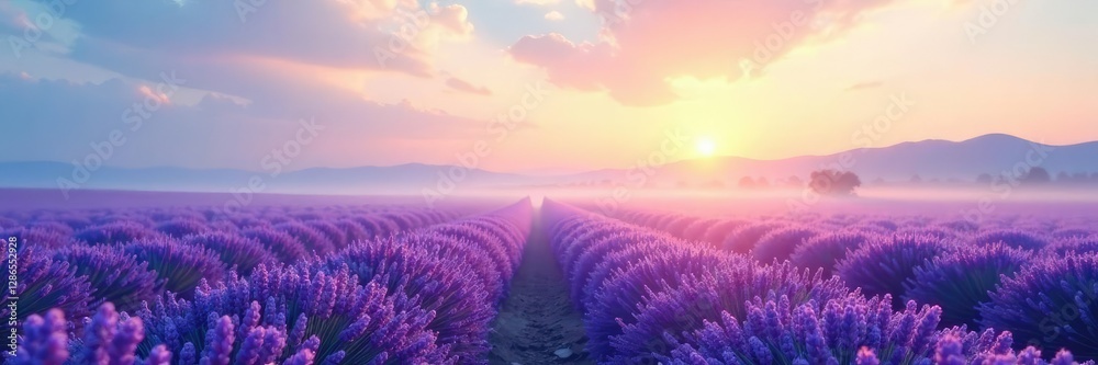 Gentle lavender mist wafts in the fading light, blue sky, field