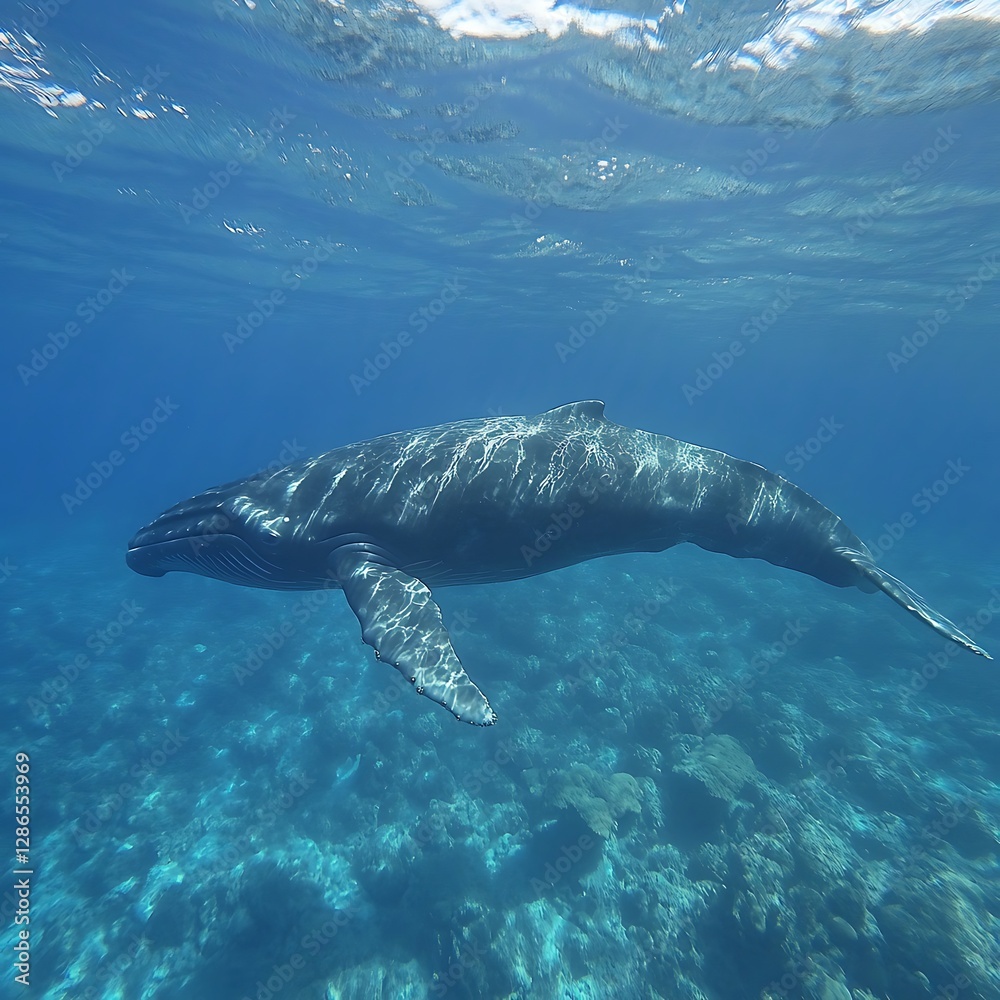 Naklejka premium Mesmerizing whale underwater with sunlit ocean surface high resolution picture
