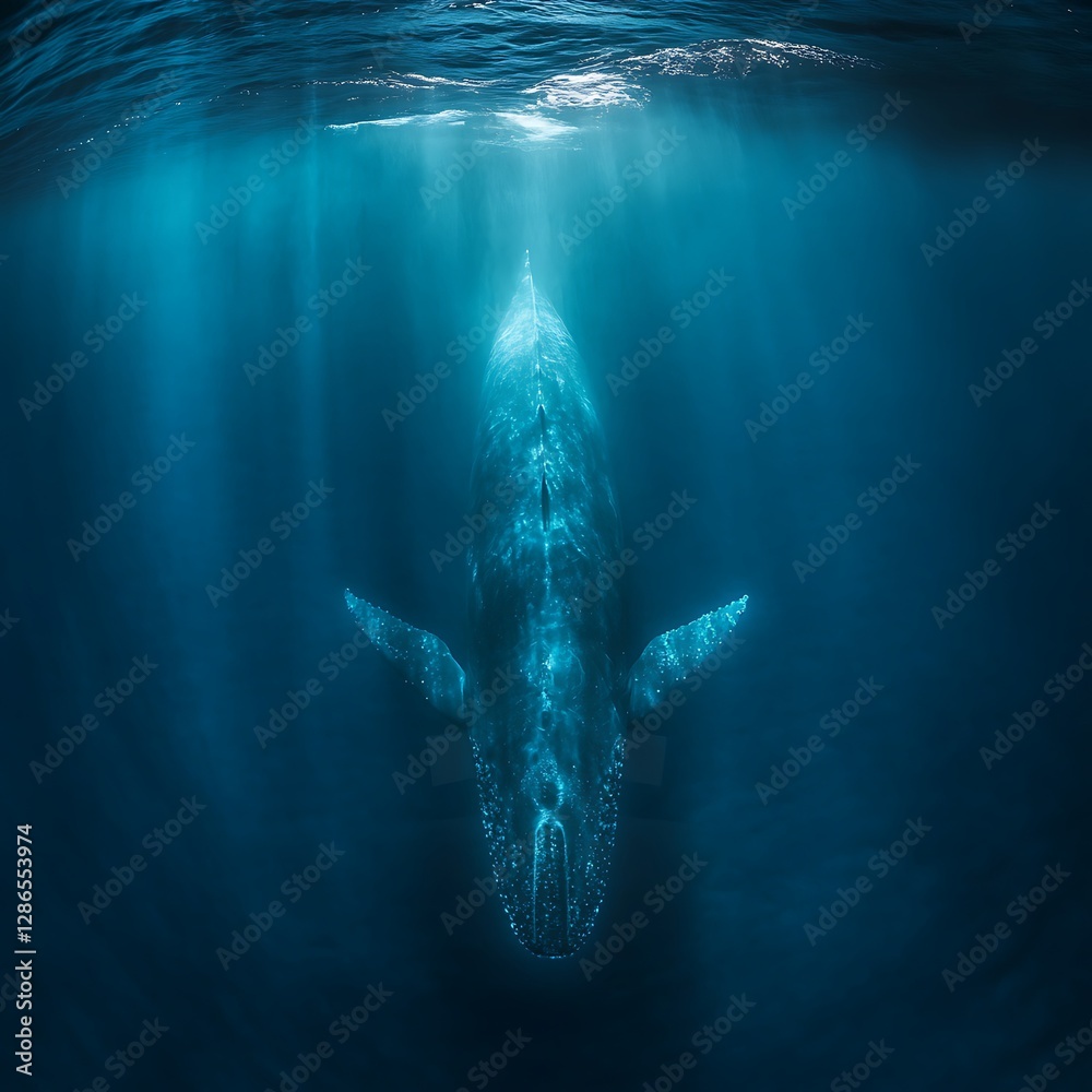 Naklejka premium Ocean depths with whale silhouette and sunlight high resolution picture