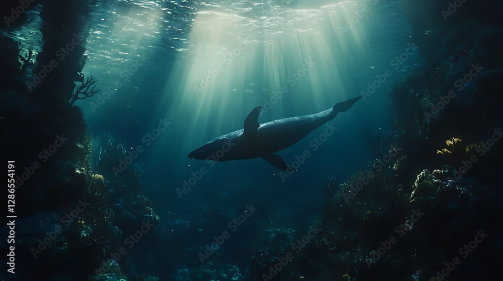 Obraz premium Peaceful whale silhouette under ocean with sunlight high resolution picture