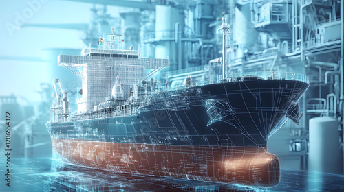 Wireframe model of a cargo ship in a shipyard, futuristic design, digital blueprint, technology and shipping.