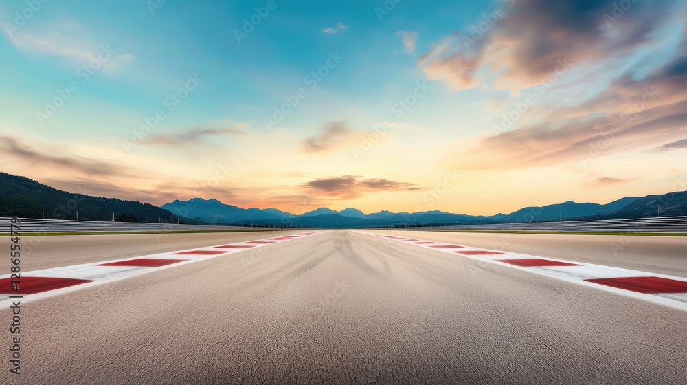Naklejka premium A serene landscape of a racetrack at sunset, featuring striped markings and distant mountains under a colorful sky.