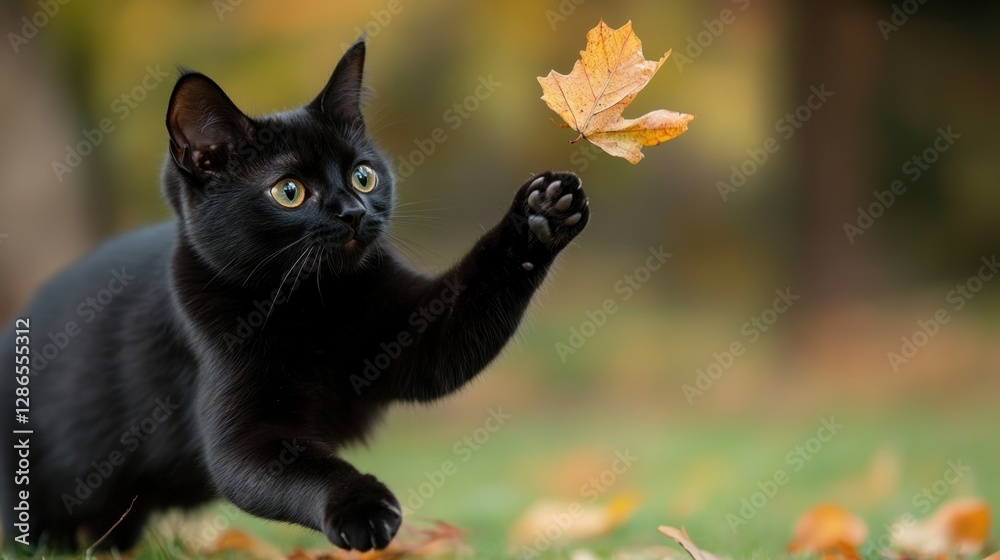 Black Cat Playing with Falling Autumn Leaf in Garden Setting